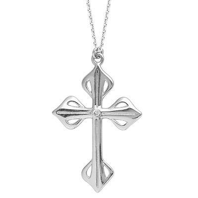 14k White Gold Fleuree Cross Necklace with Diamond Accent Adjustable Length