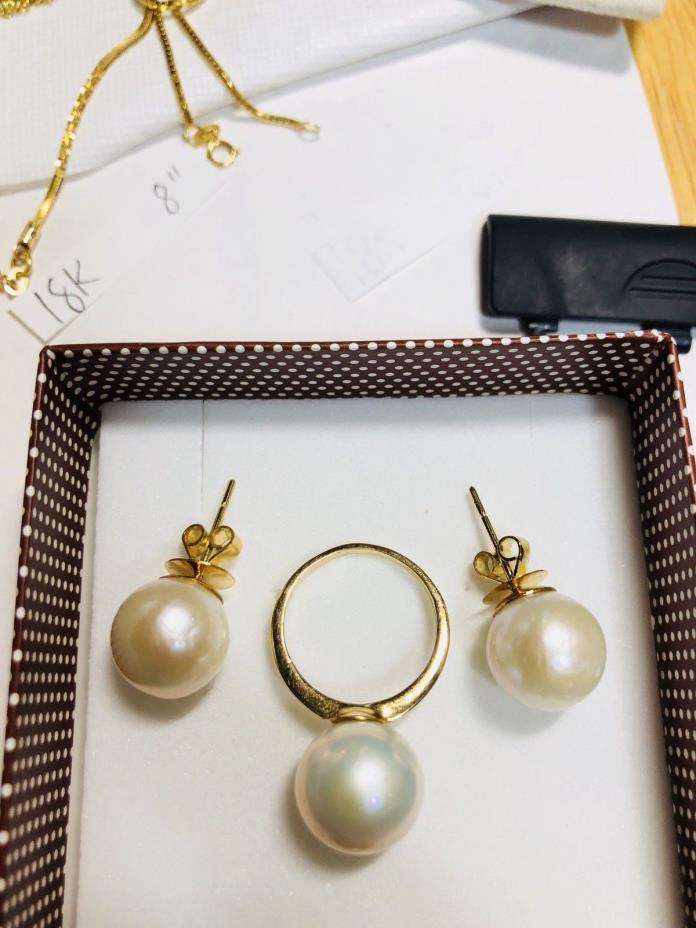18K Saudi Gold South Pearl Ivory Earring & Ring 6”