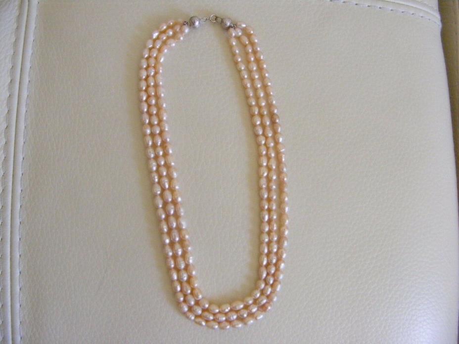 Pale Pink Peach 7mm Freshwater Rice Pearl Sterling 3 Strand Tier Collar Necklace