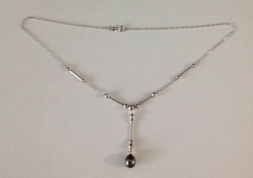 14K White Gold Bead And Bar Accented Chain With Tahitian Pearl Drop