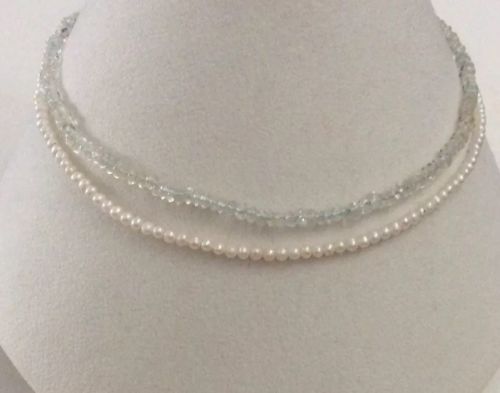 14K Pale Blue Aquamarine & Small Freshwater Pearl Double Strand Necklace 16 Inch
