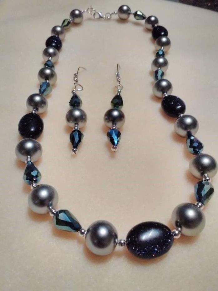 Cultured Tahitian Pearl and Blue Goldstone Necklace