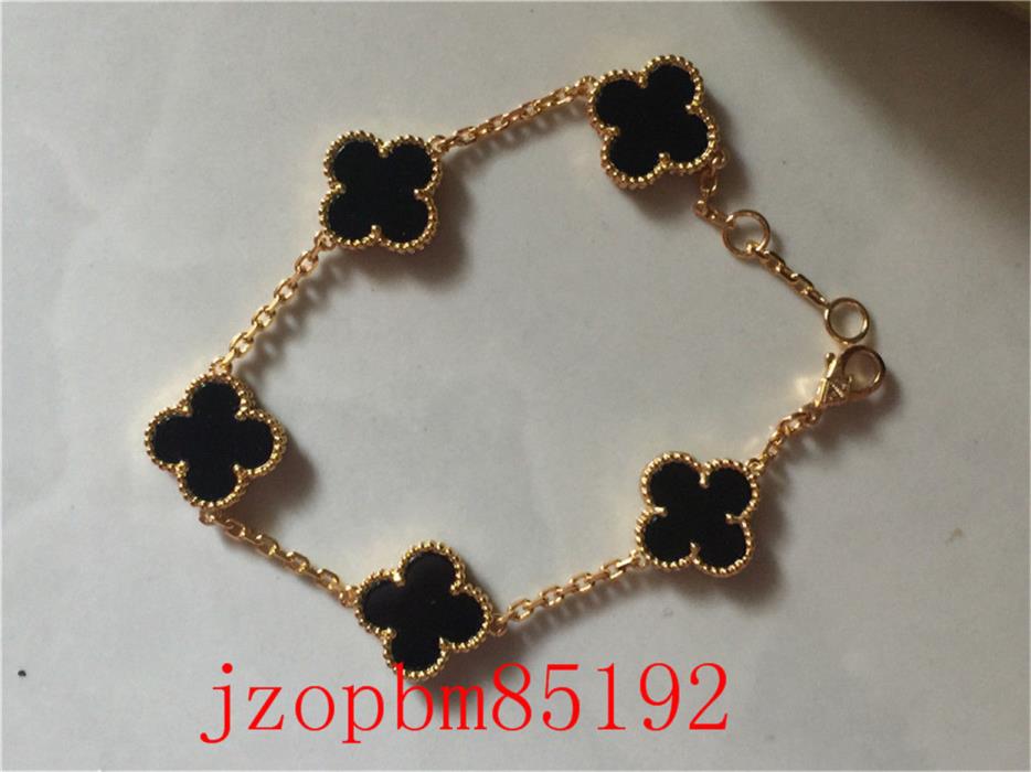 Van Cleef & Arpels 18K Alhambra Black Onyx 5 Motif Yellow Gold Bracelet
