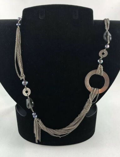 Multi Strand Sterling Silver Necklace Dangle Circle Pearl Tassel