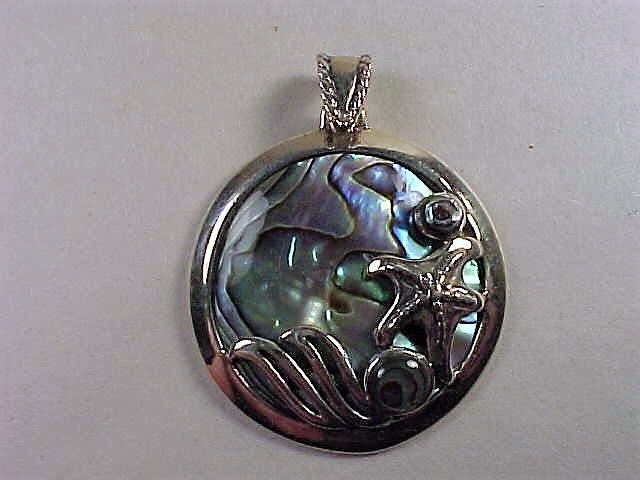 LARGE STERLING SILVER PENDANT w/ MOP MOTHER of PEARL - STARFISH - WAVES