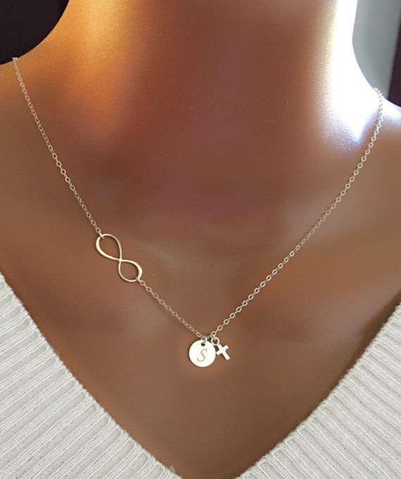 Sterling silver infinity necklace with initial disc and tiny cross, personalized