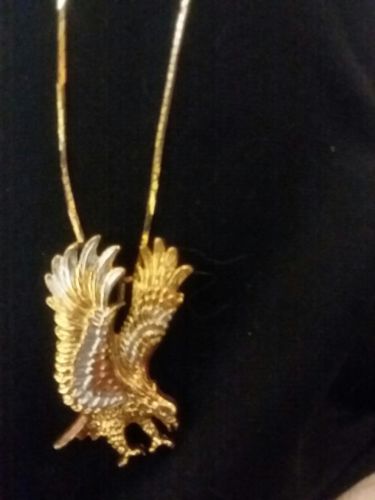 Yellow Polished Gold American Bald Eagle Landing Pendant With Chain