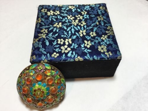 Antique Silver Gold Tone Floral Chinese Enamel & Cabochon Filigree Pin Brooch
