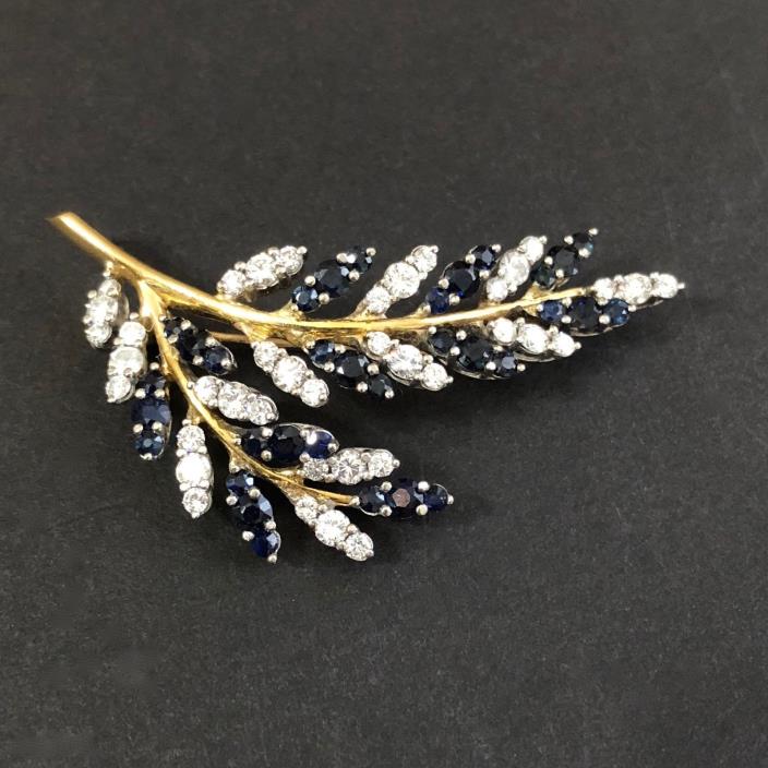 Magnificent 18K Gold Diamond and Sapphire Brooch Leaf Branch