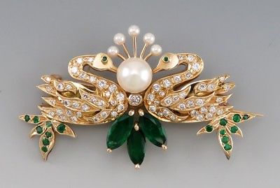 14K Yellow Gold Emerald Gemstone & Pearl Double Swan Pin/Brooch