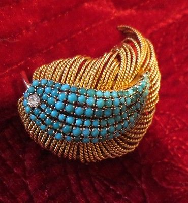 ANTIC VICTORIAN 18K GOLD  BROOCH LEAF WITH DIAMOND  TURQUOISE  24,6 GR 1860-70