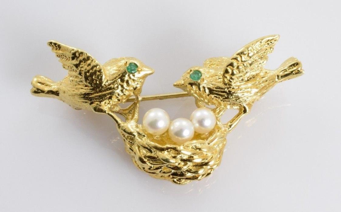Vintage 18k Yellow Gold Birds Nest Brooch Pin with Pearls and Emeralds