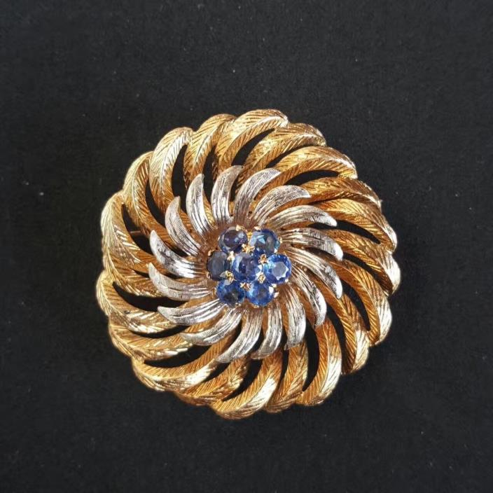 Sapphire and 18K two-tone gold floral brooch