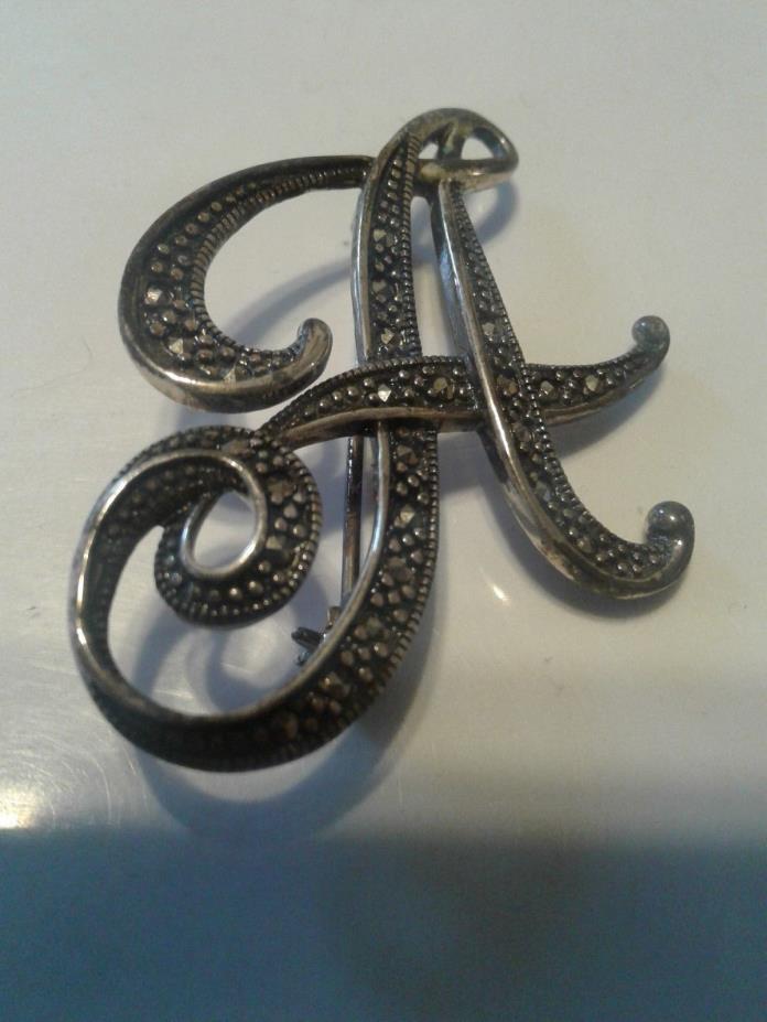 Signed 925 Sterling Silver Real Marcasite Gemstone Letter A Pin Brooch Pin