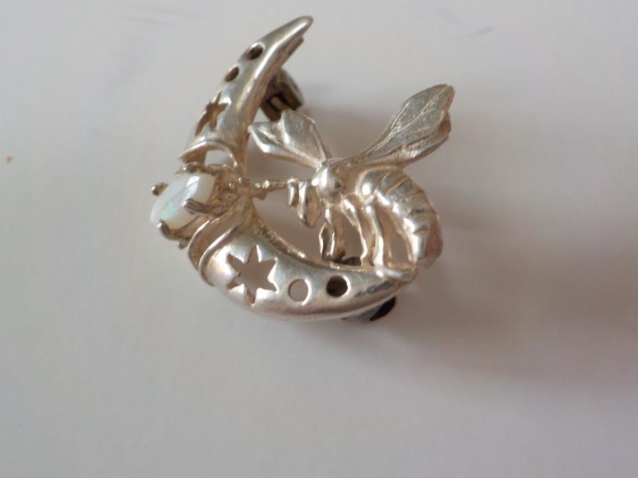 Sterling Silver and opal women's pin Bee or Hornet flies to a crescent moon