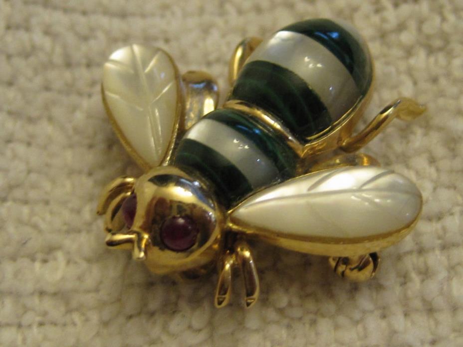 Bee Pendant Brooch 14k Gold WLC Insect Pin  Malachite Mother of Pearl