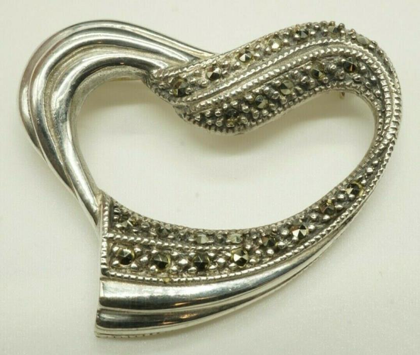 Vintage / Marcasite & Sterling Silver / Heart Shaped Brooch / Size: 1.5