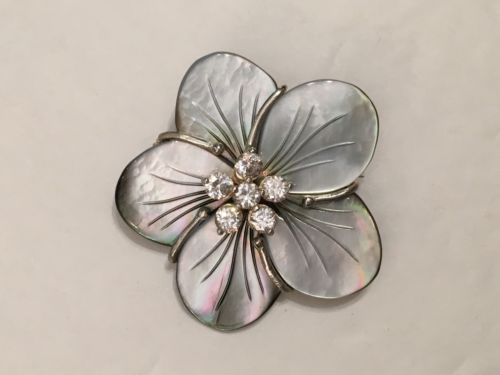 NF Sterling Silver & Abalone Plumeria Flower Pin Brooch CZ Thailand