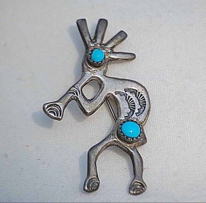 Vintage Sterling Silver .925 & Turquoise Kokopelli w Flute Pin Brooch Detailed