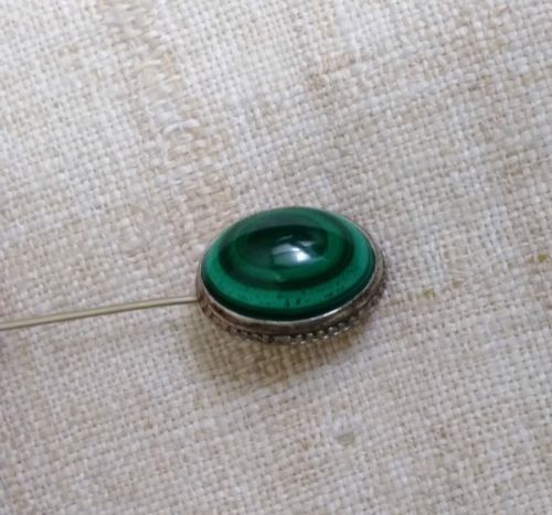 Large Oval Bullseye Green Malachite Stone Sterling Silver Stick Pin