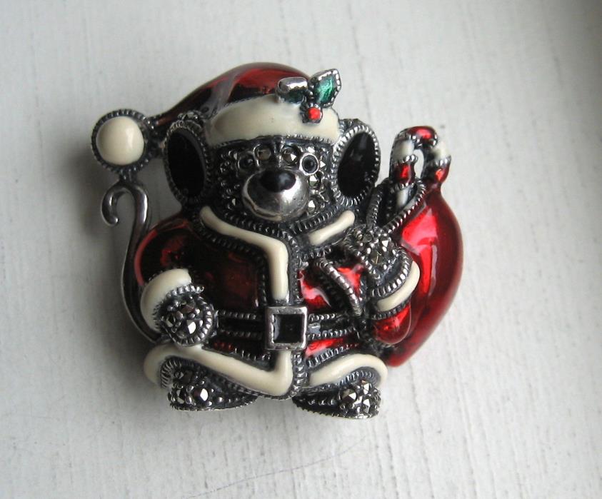 Judith Jack Sterling Silver Enamel Christmas Santa Claus Mouse Brooch Pin