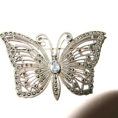 STERLING SILVER BLUE TOPAZ AND MARCASITE BUTTERFLY BROOCH 2 1/4