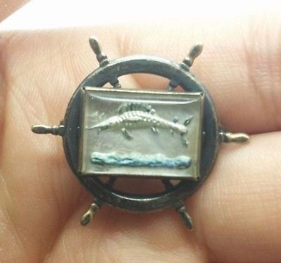 Antique Fish Captains Wheel Design Sterling Silver Brooch 925 4g M3922