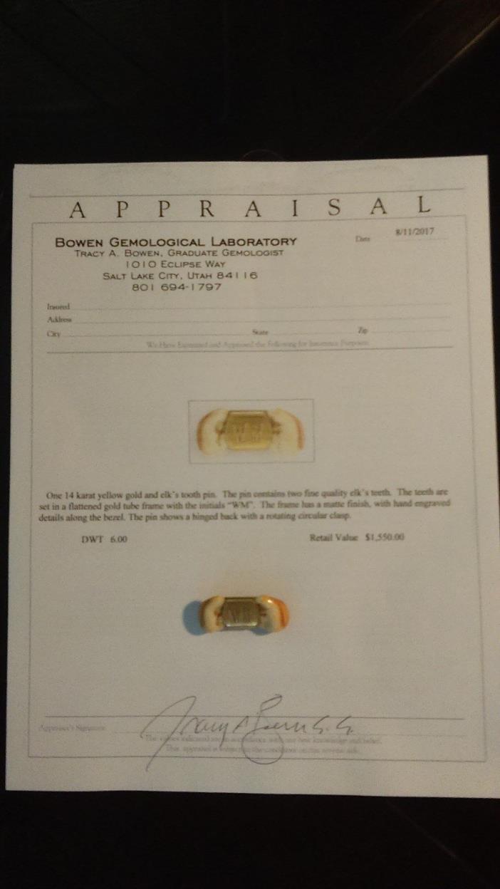 VINTAGE 14 KARAT YELLOW GOLD AND ELK'S TOOTH PIN APPRAISAL 8/11/2017 1550.00