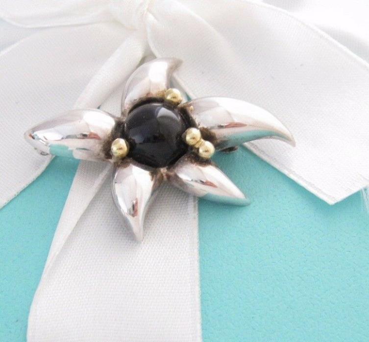 RARE TIFFANY & CO SILVER 18K GOLD ONYX FLOWER BROOCH PIN POUCH INCLUDED