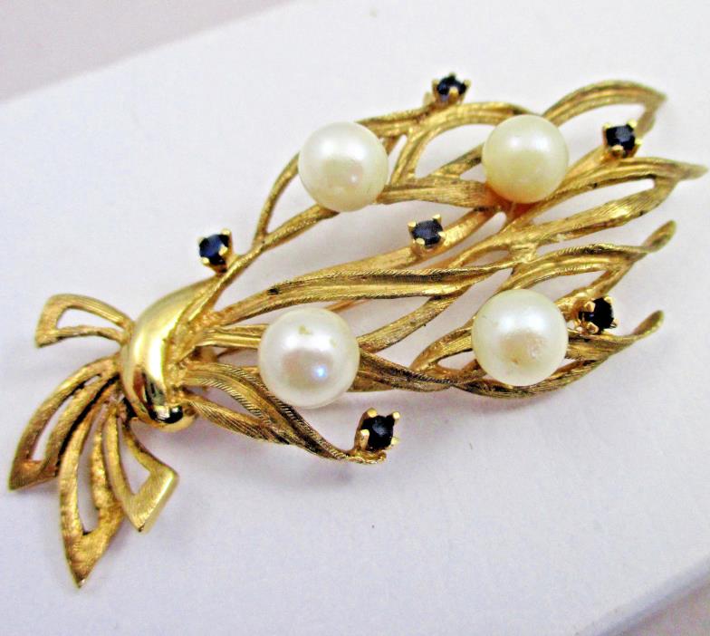 Retro 14K Yellow Gold Sapphire 6.5MM Pearl Brooch Pin 2.5