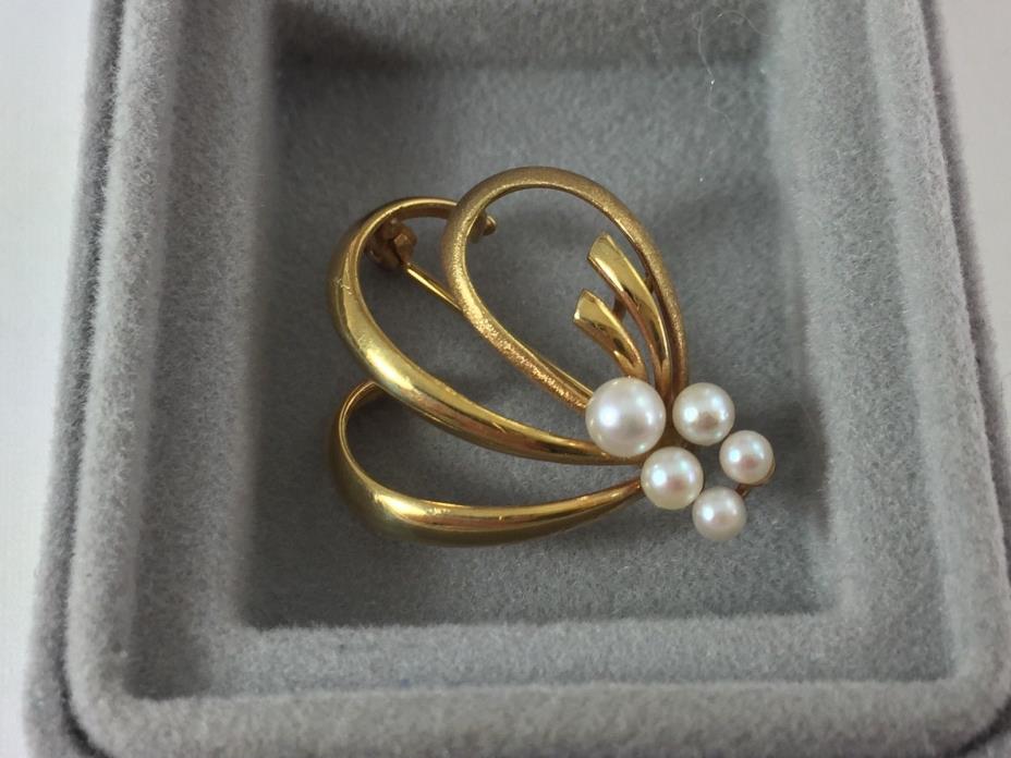 Asymmetrical 5 Cultured Pearls 14k Gold Pin YG Yellow Gold - German Made +FB