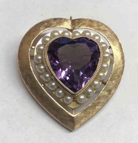 Beautiful Textured 14K Gold Amethyst & Pearl Large Heart Brooch Pin Pendant