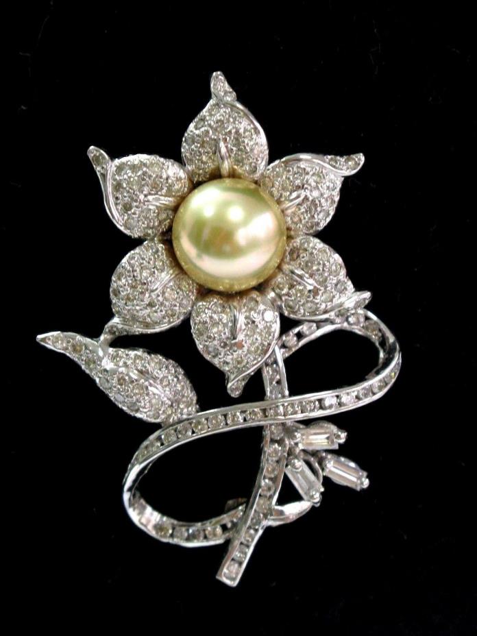 Fine South Sea Pearl Diamond 14Kt White Gold Flower Brooch 10.5mm 1.90Ct 2