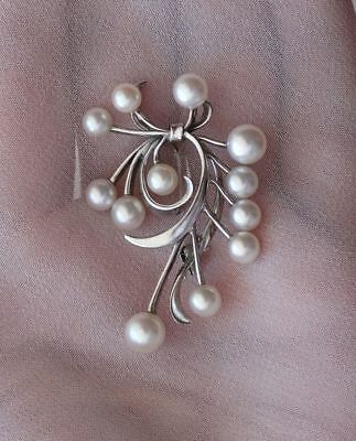 MIKIMOTO STERLING SILVER PEARL BROOCH - LARGE VINTAGE - PEARL SIZES 5.3mm - 7mm