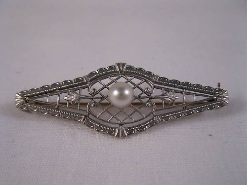 Vintage Antique Pearl Pin Brooch, 14k White Gold