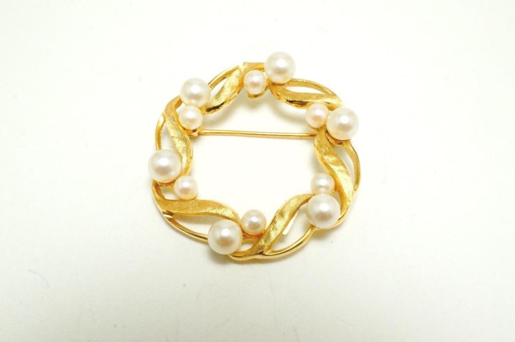 Vintage 14k Solid Yellow Gold IPS Imperial Pearl Syndicate Pearl Wreath Brooch