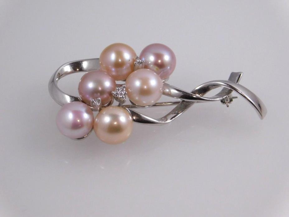 14k White Gold Pearl Cluster Brooch Pin with Tiny Diamond Accent