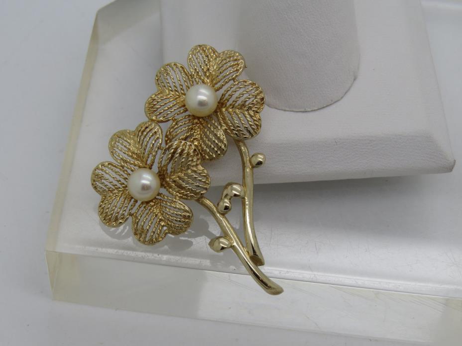 Solid 14k Yellow Gold White Pearl Accent Double Flower Petal Pin Brooch 1.75
