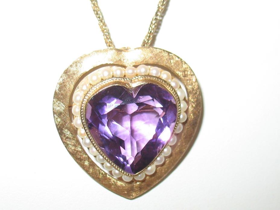 Beautiful 14K Gold Amethyst & Pearl Large Heart Brooch / Pendant with 24