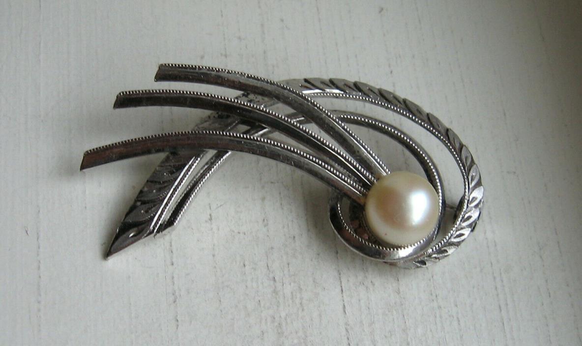 Vintage Sterling Silver Modernist Pearl Brooch Pin