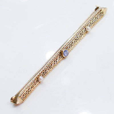 C453 Vintage 14K yellow GOLD Brooch set with PEARLS & SAPPHIRES 2.8g