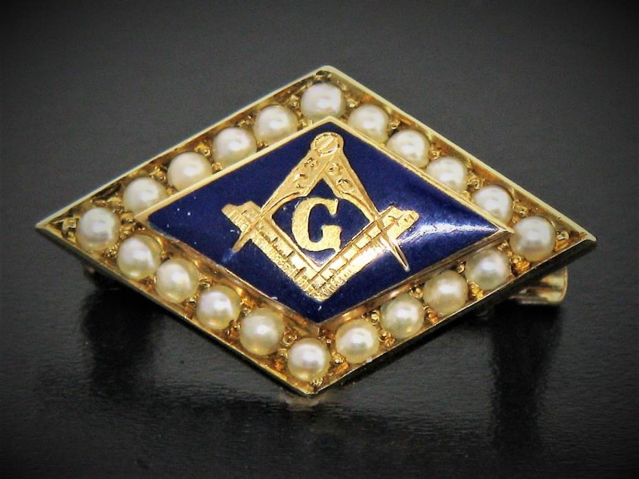 14K Yellow Gold Masonic 20 1.5 mm Seed Pearls Pin (Estate Jewelry)
