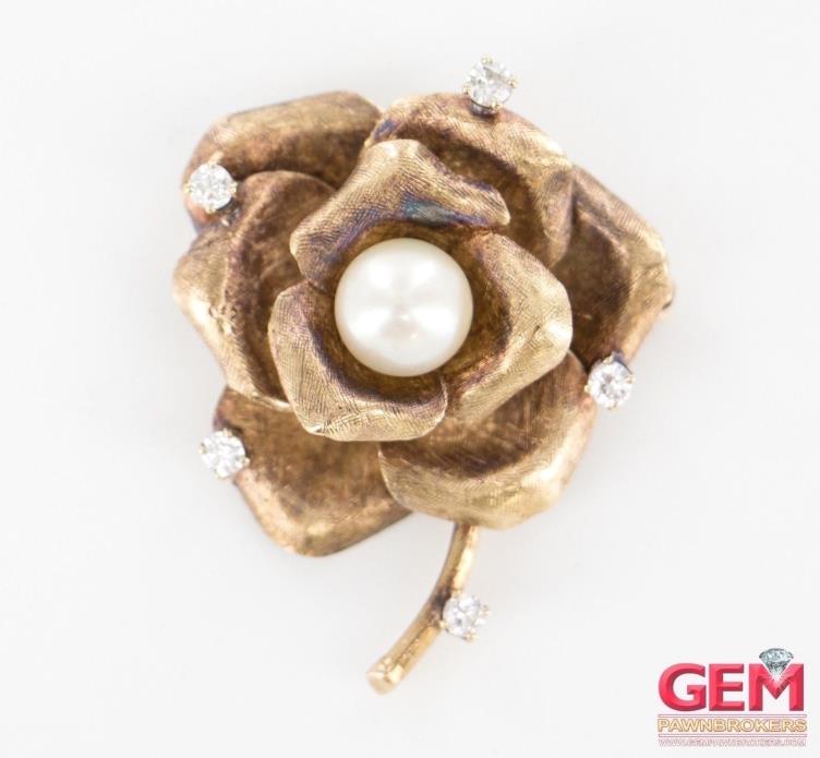 Vintage Flower Diamond Pearl Floral Booch Lapel Pin Solid 14k 585