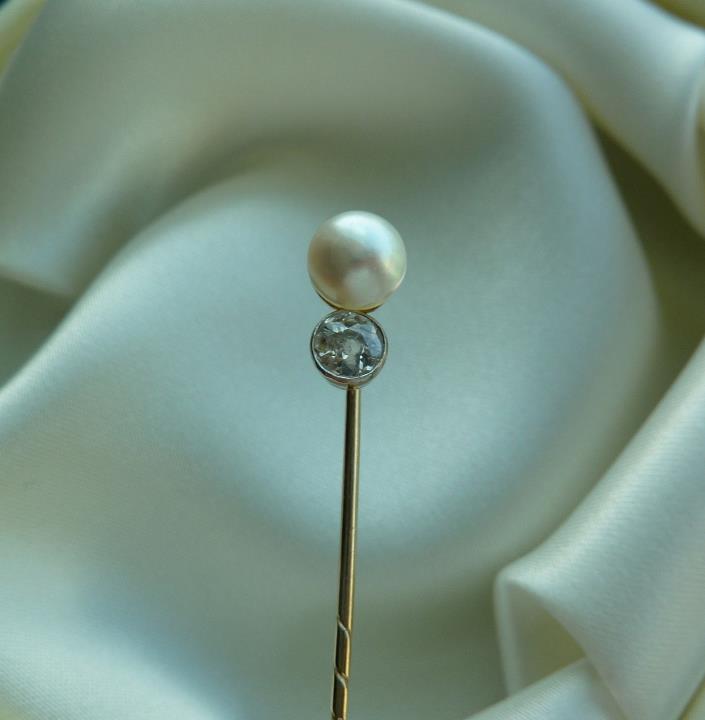ANTIQUE 14K YELLOW GOLD PEARL AND DIAMOND STICK PIN