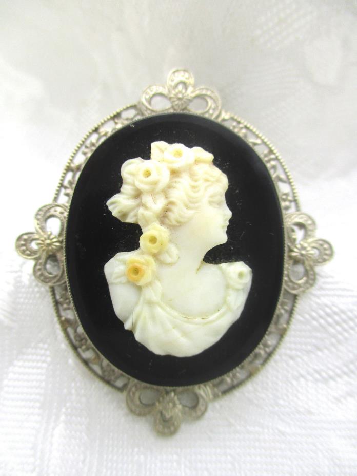 ANTIQUE VINTAGE ESTATE SOLID 14K WHITE GOLD BLACK ONYX SHELL CAMEO BROOCH PIN