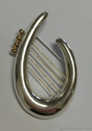 Estate Jewelry Ladies Harp Pin Sterling Silver 14K Yellow Gold 2