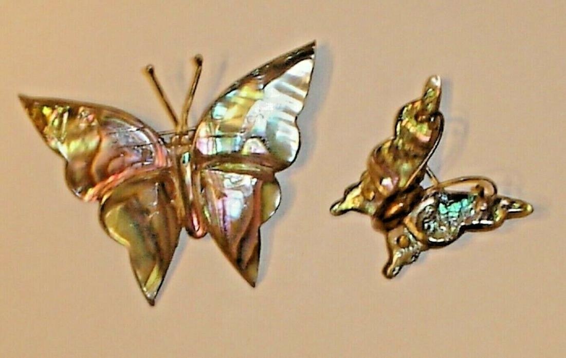 Vintage Lot (2) Sterling Silver Abalone Butterfly Brooches / Pins (.925)