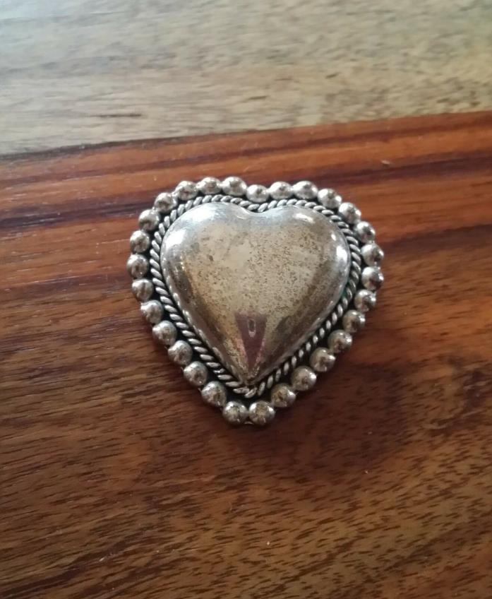 Vintage Cushion Puffy Heart Brooch Pin- marked CII MEXICO 925- Sterling Silver