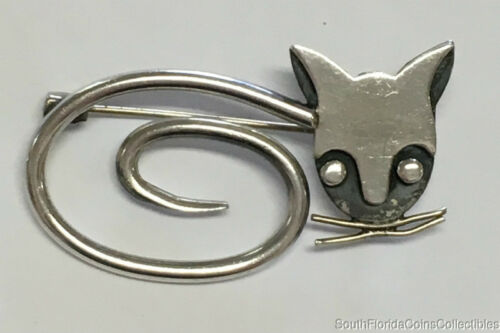 Estate Jewelry Modernist Delfino Cat Pin Sterling Silver Taxco Mexico 1 5/8