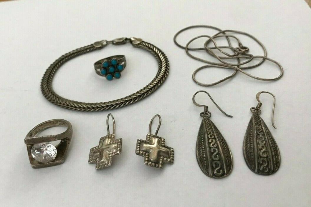 Lot of Sterling Silver Jewelry: 2 Rings, 2 Pr. Earrings, 1 Necklace & 1 Bracelet